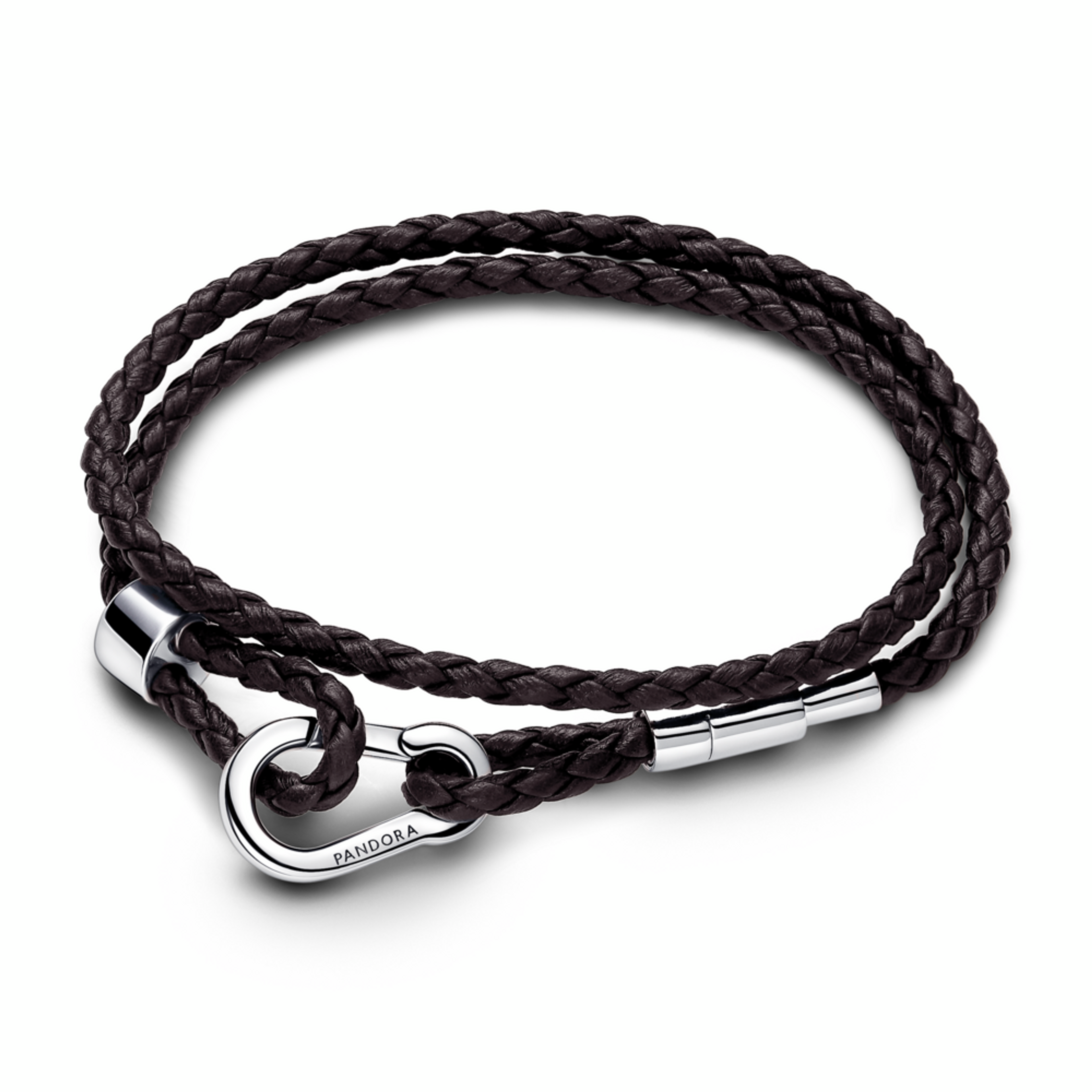 PANDORA Moments proplétaný hnědý kožený náramek s karabinovou sponou 38cm stahovací