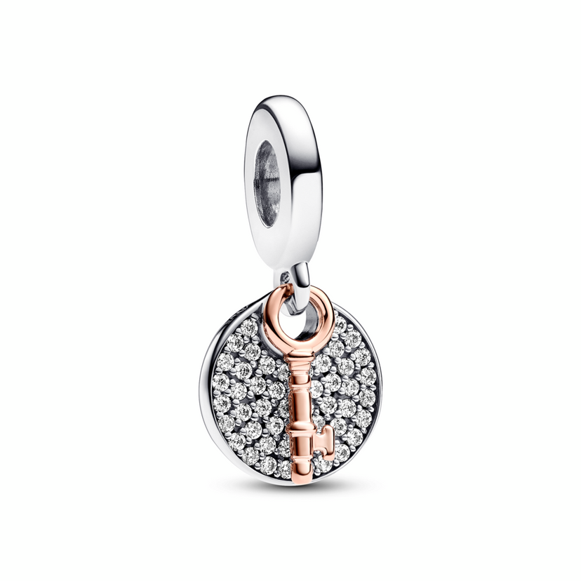 Key sterling silver and 14k rose gold-plated double dangle with clear cubic zirconia