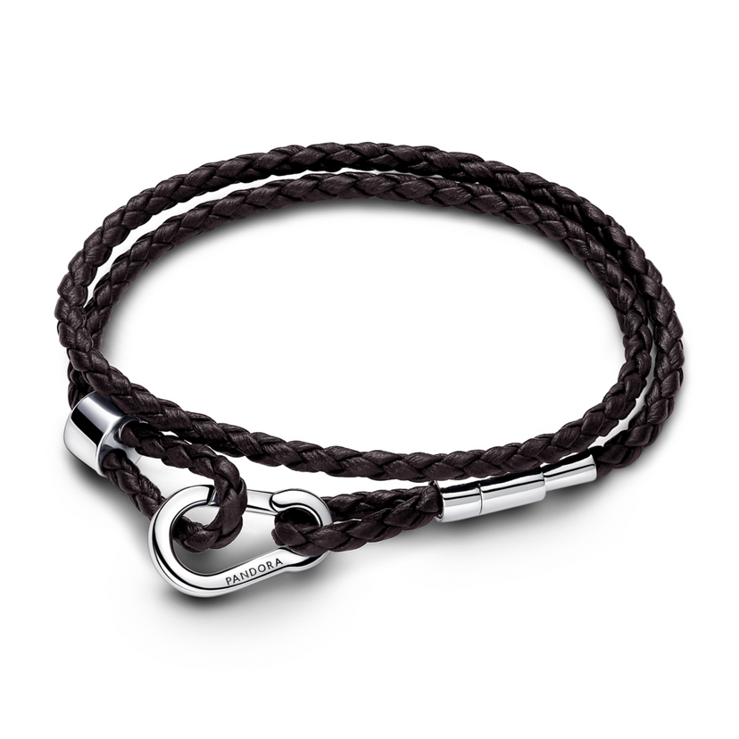 PANDORA Moments proplétaný hnědý kožený náramek s karabinovou sponou 38cm stahovací